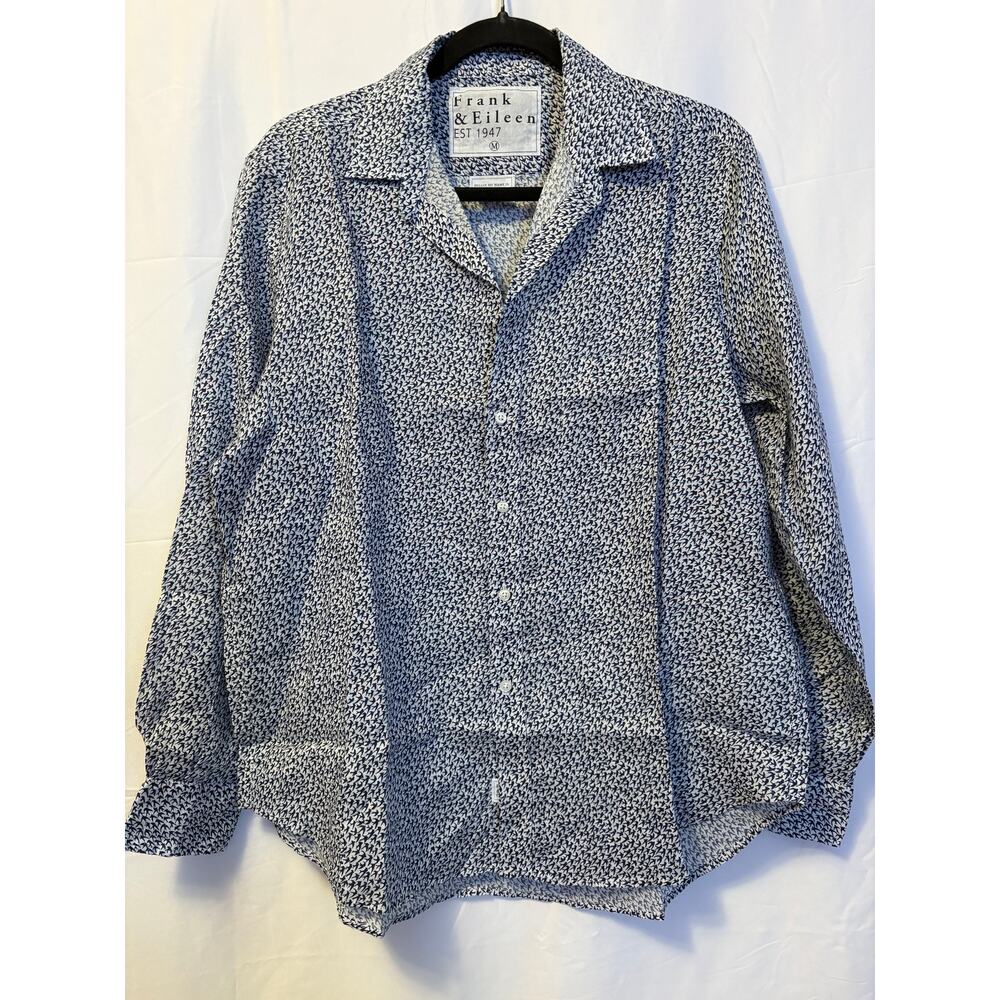 New Frank & Eileen Linen Top White Navy Blue Bird Print Shirt Women's Sz M